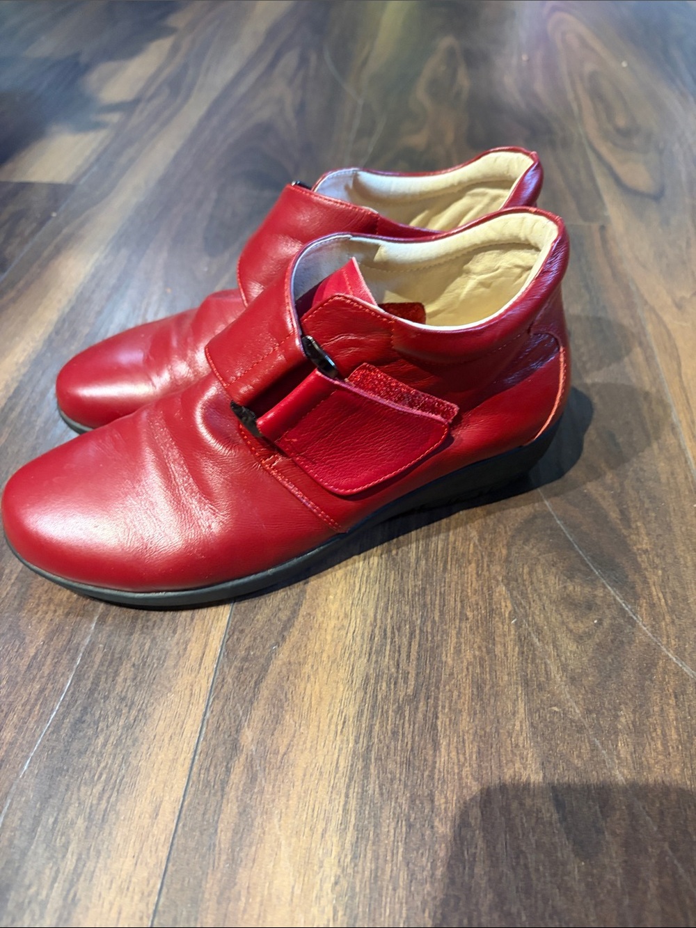 Red Leather Ankle Booties with Hook-and-Loop Closure